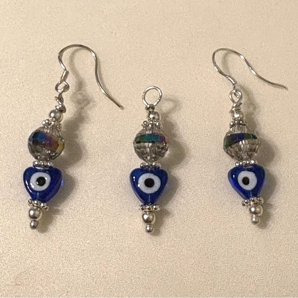 Evil Eye Glass Heart Dangle Earrings and Necklace Charm - Picture 3 of 3